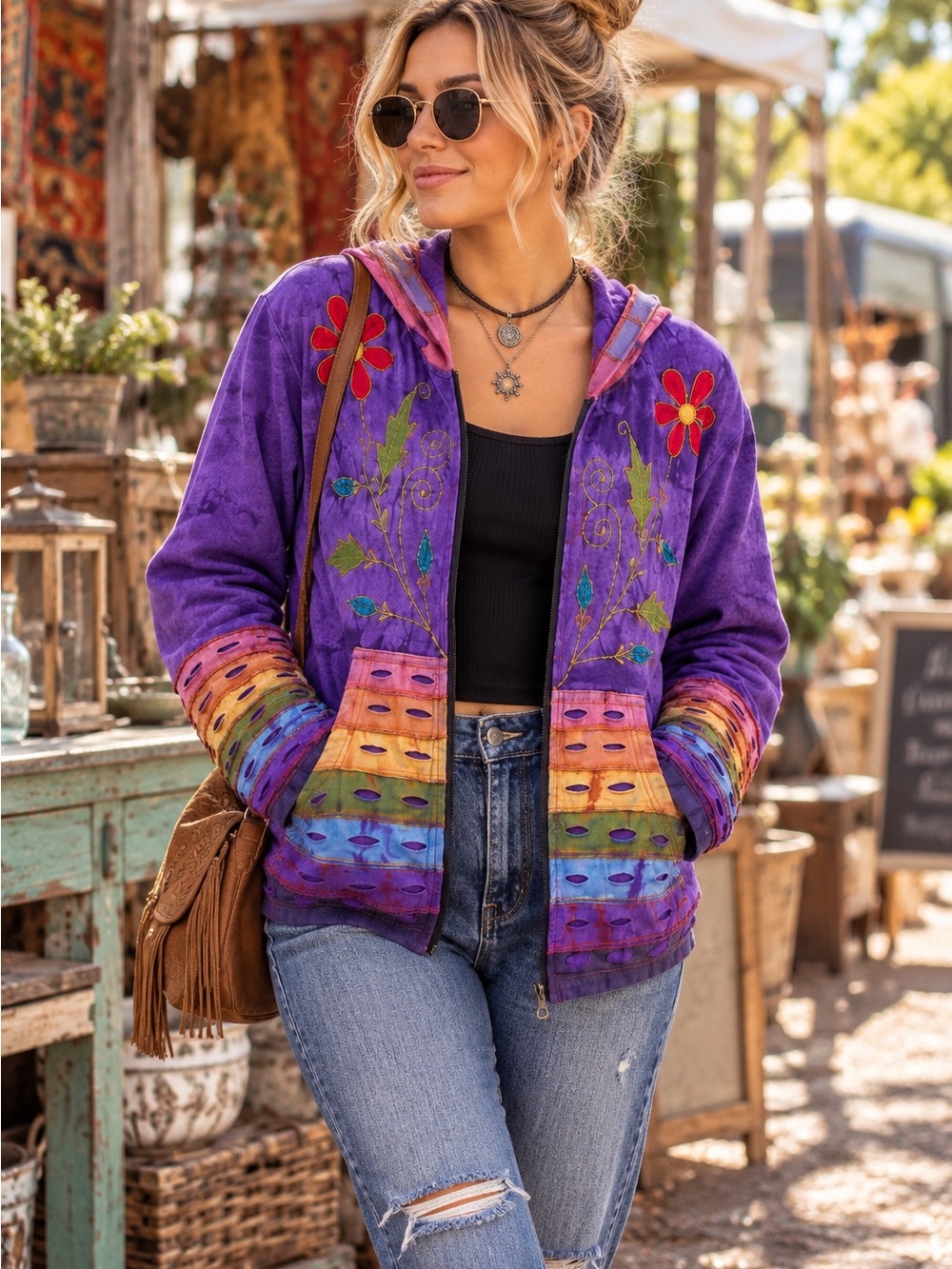 Rising International Boho Embroidered Zip Hoodie Jacket Large